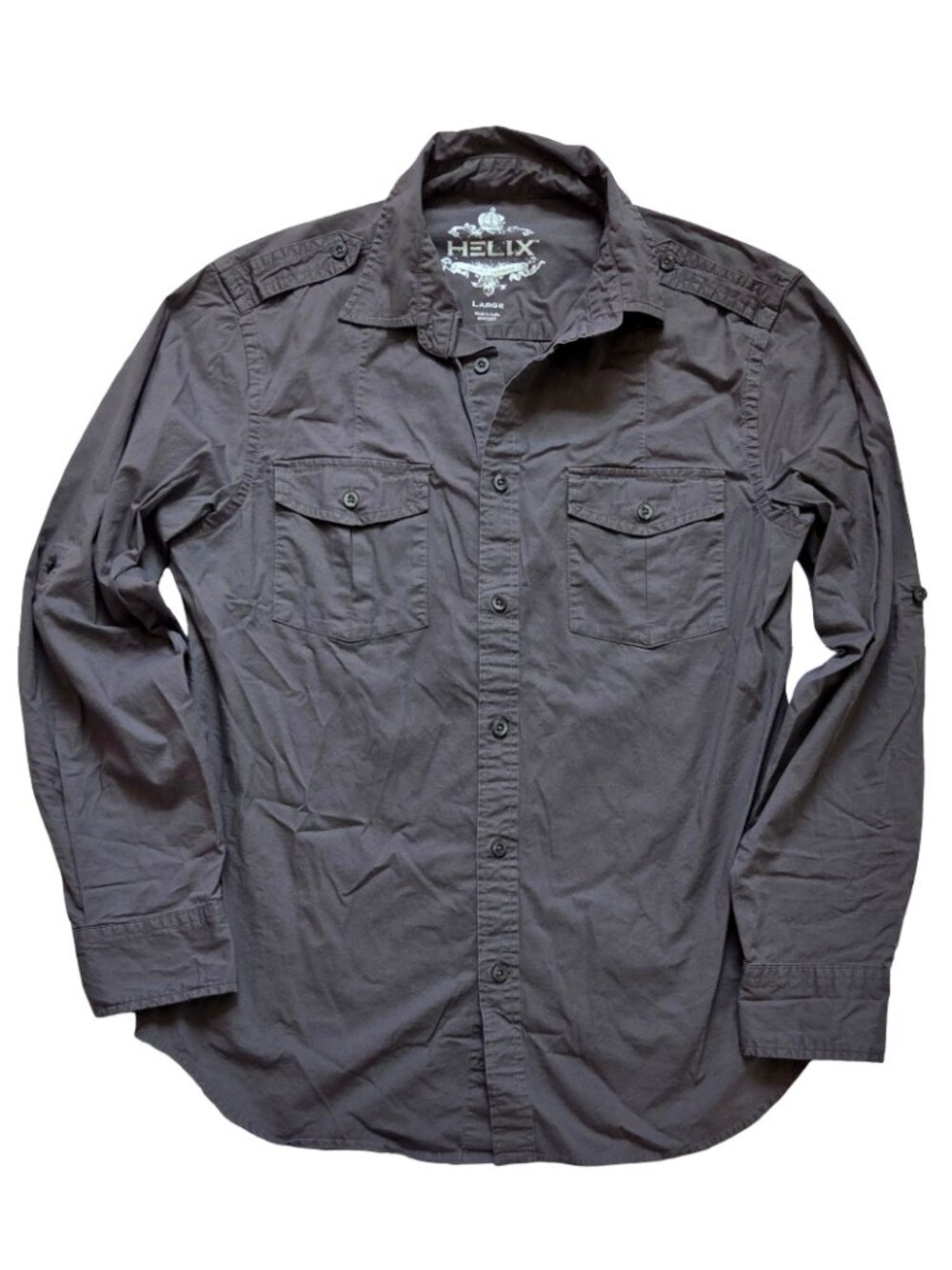 Helix Men’s L Gray Button Up Utility Long Sleeve Outdoor Tactical Rugged Casual